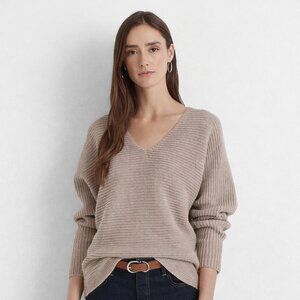 Lauren Ralph Lauren Oversized V-neck Ribbed Sweater Taupe  Size Small